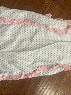 Girls' White & Light Blue Polka Dot Casual Dress with Pink Ruffle Trim